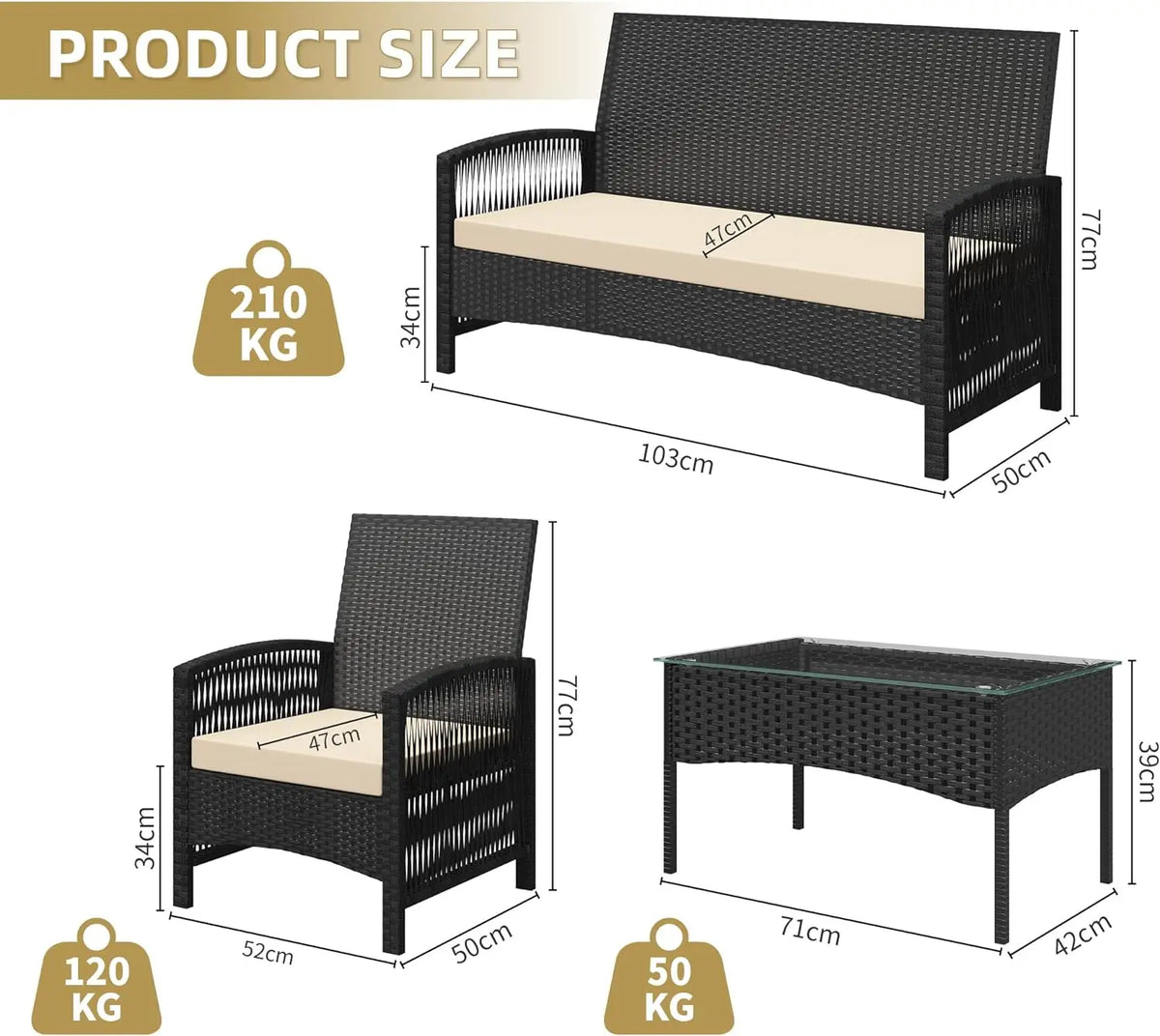 4-Piece Rattan Garden Furniture Set – 2 Armchairs, Loveseat Sofa & Coffee Table (Sofia)
