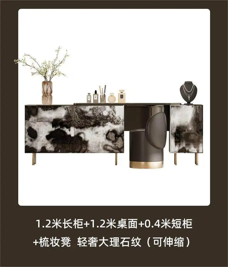 Glossy Black Marble Makeup Vanity Desk with Mirror & Stool | 4 Drawers
