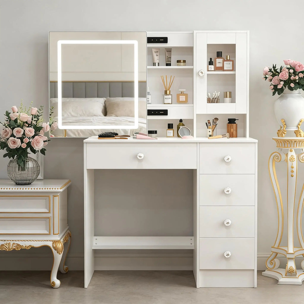 Teousev Modern Dressing Table Makeup Vanity Desk Large LED Sliding Mirror 5 Drawers Dimmable Storage Organizer Bedroom Furniture