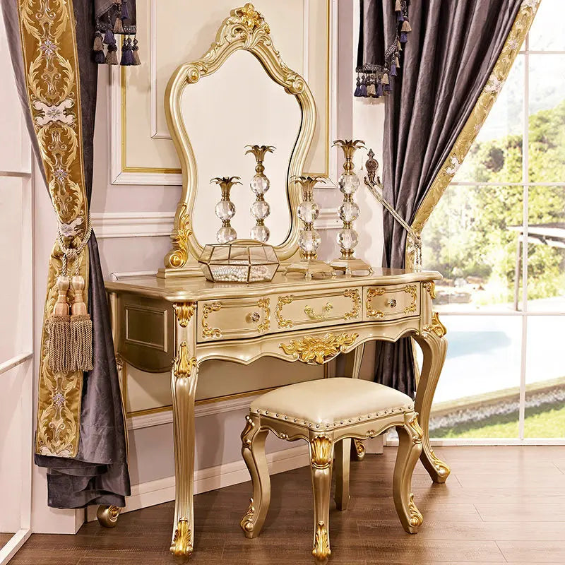 Gold Oak Makeup Vanity Desk with Mirror & Stool | Luxury European Dressing Table | 3 Drawers