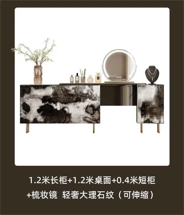 Glossy Black Marble Makeup Vanity Desk with Mirror & Stool | 4 Drawers