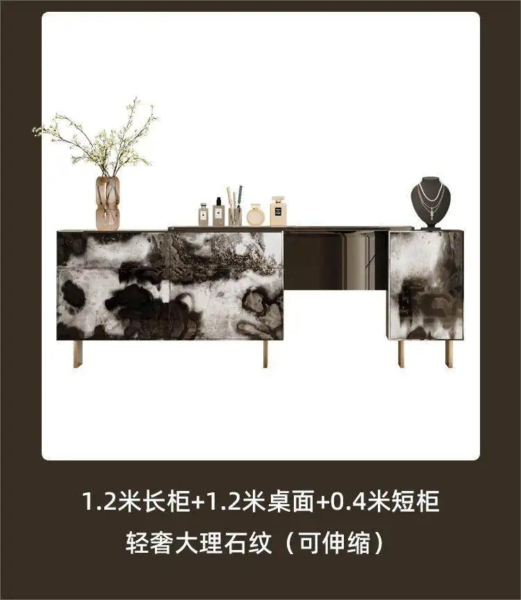 Glossy Black Marble Makeup Vanity Desk with Mirror & Stool | 4 Drawers
