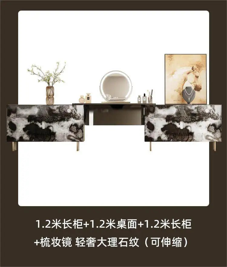 Glossy Black Marble Makeup Vanity Desk with Mirror & Stool | 4 Drawers