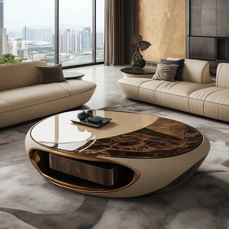 Oval Brown Solid Wood Coffee Table | Minimalist Living Room Furniture
