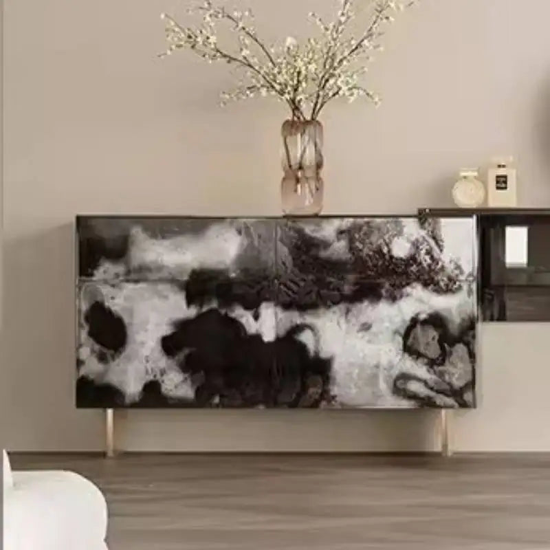 Glossy Black Marble Makeup Vanity Desk with Mirror & Stool | 4 Drawers