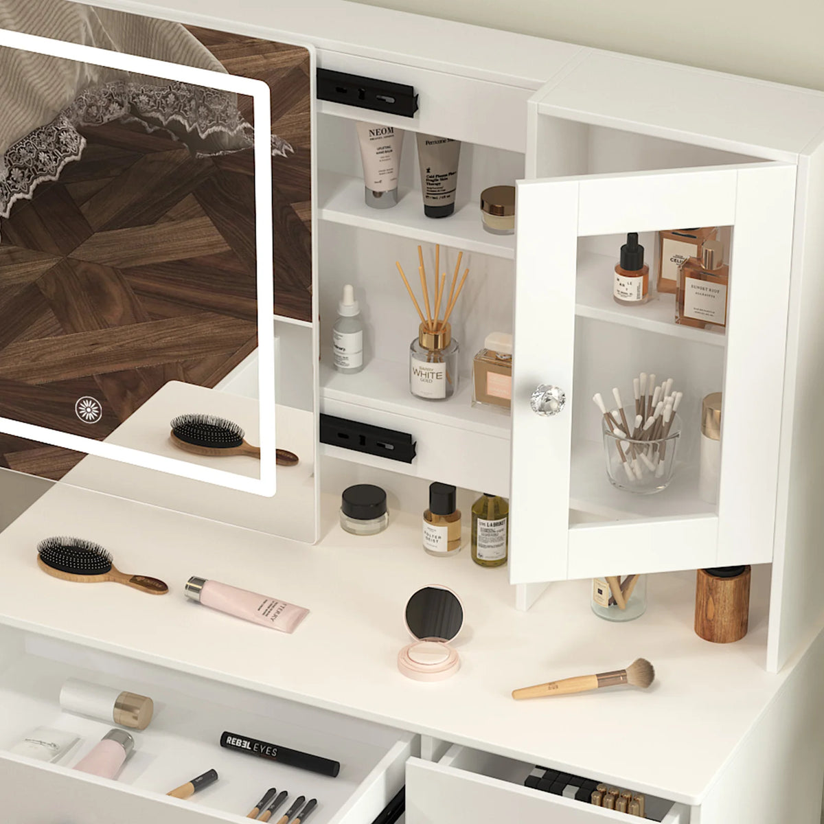 Teousev Modern Dressing Table Makeup Vanity Desk Large LED Sliding Mirror 5 Drawers Dimmable Storage Organizer Bedroom Furniture