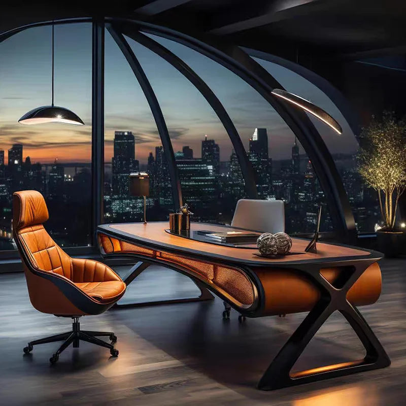 Executive Black Walnut Office Desk | Curved Arc Design | 3200mm