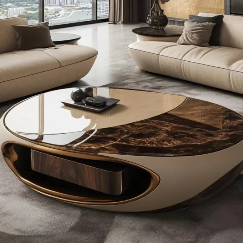 Oval Brown Solid Wood Coffee Table | Minimalist Living Room Furniture