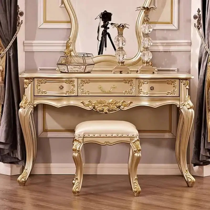 Gold Oak Makeup Vanity Desk with Mirror & Stool | Luxury European Dressing Table | 3 Drawers