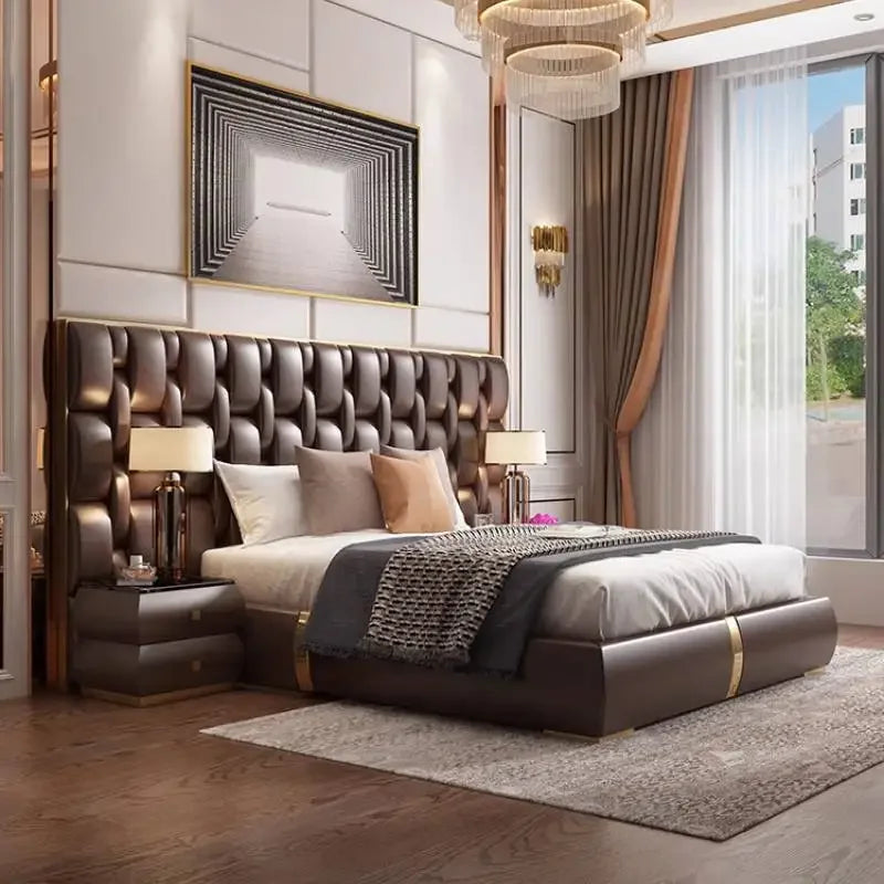 Luxury Genuine Leather Double Bed Frame | King Size 1800mm | Padded Headboard | Minimalist Design