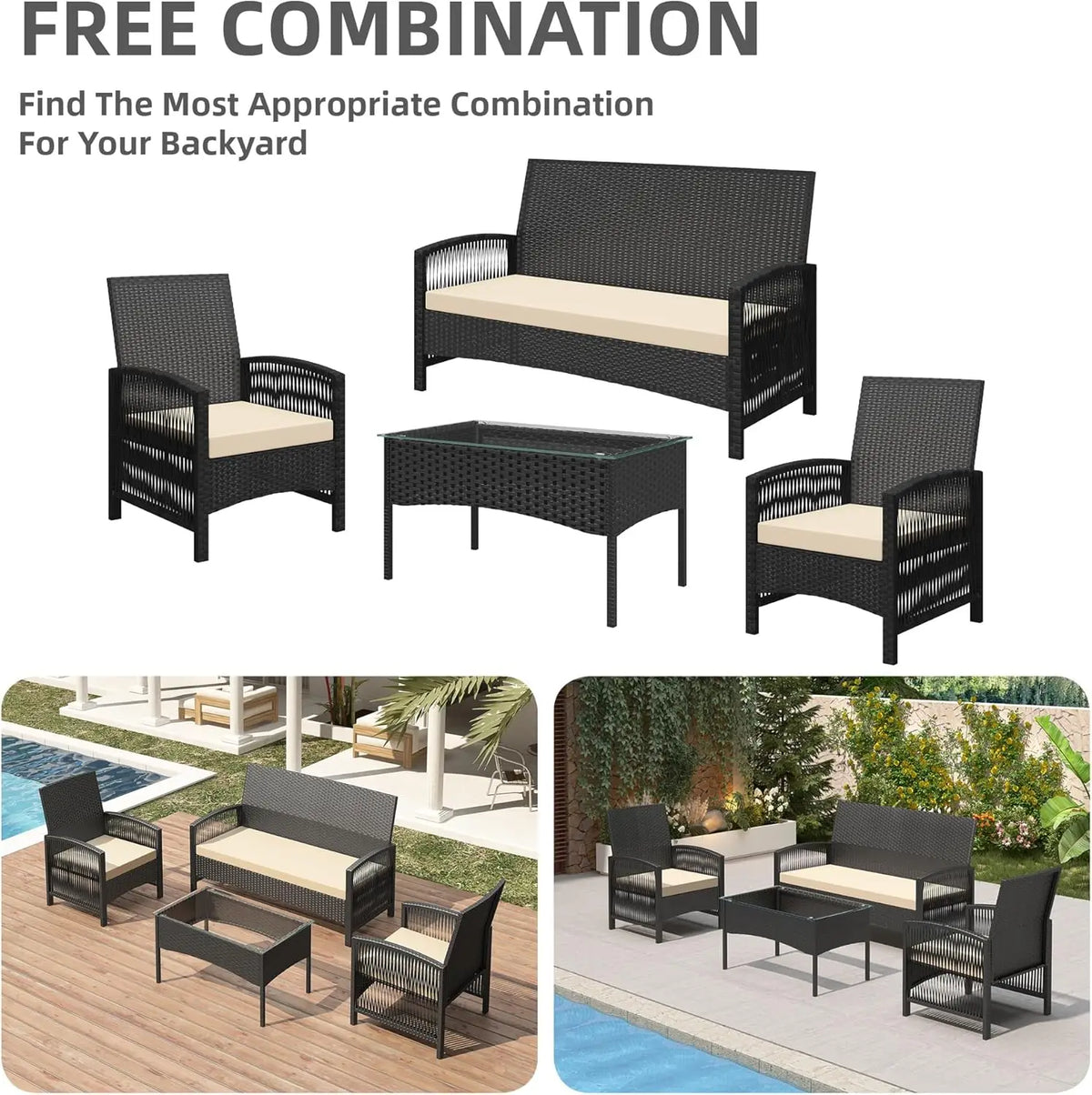 4-Piece Rattan Garden Furniture Set – 2 Armchairs, Loveseat Sofa & Coffee Table (Sofia)
