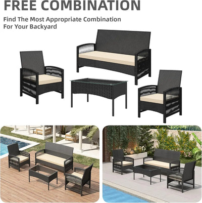 4-Piece Rattan Garden Furniture Set – 2 Armchairs, Loveseat Sofa & Coffee Table (Sofia)