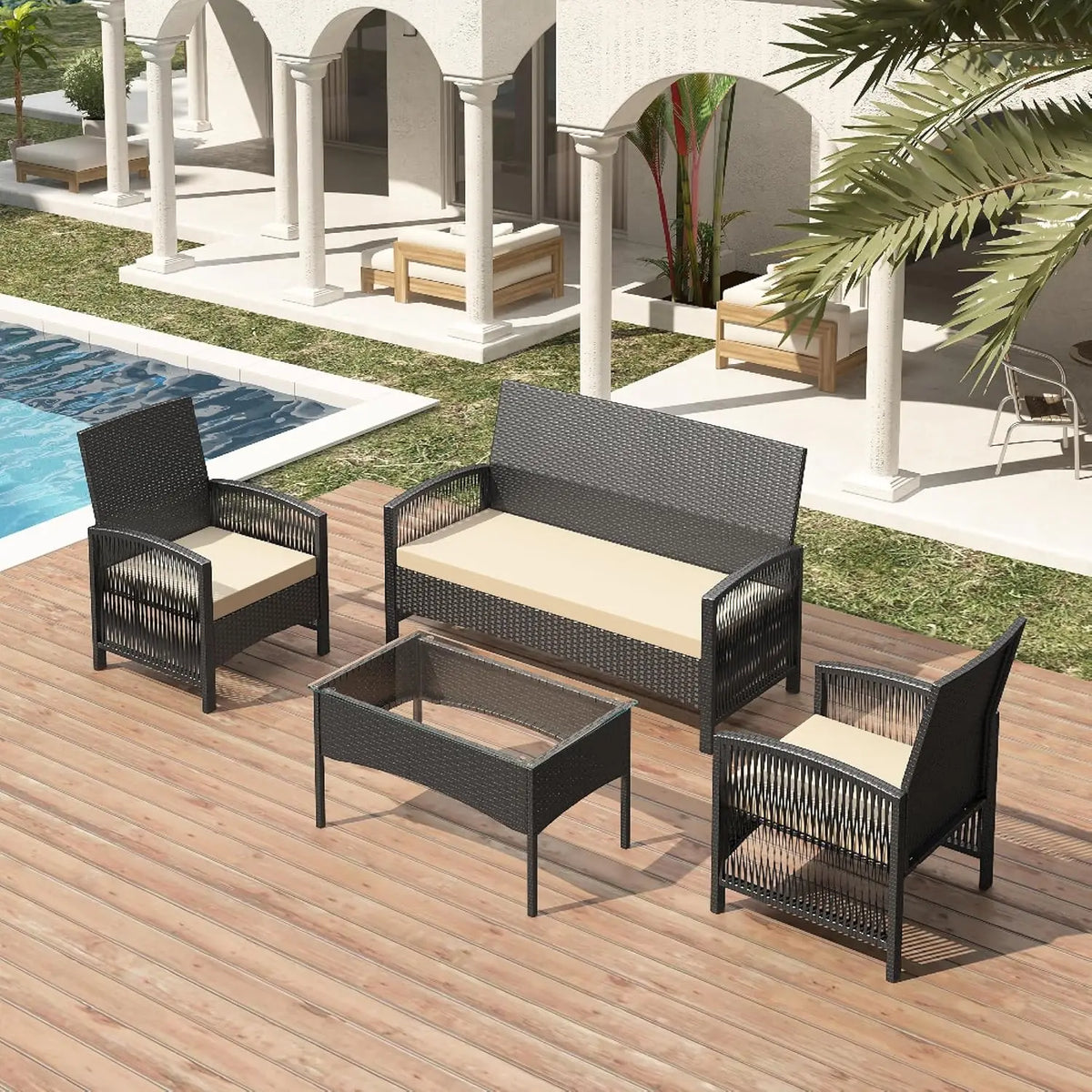 4-Piece Rattan Garden Furniture Set – 2 Armchairs, Loveseat Sofa & Coffee Table (Sofia)