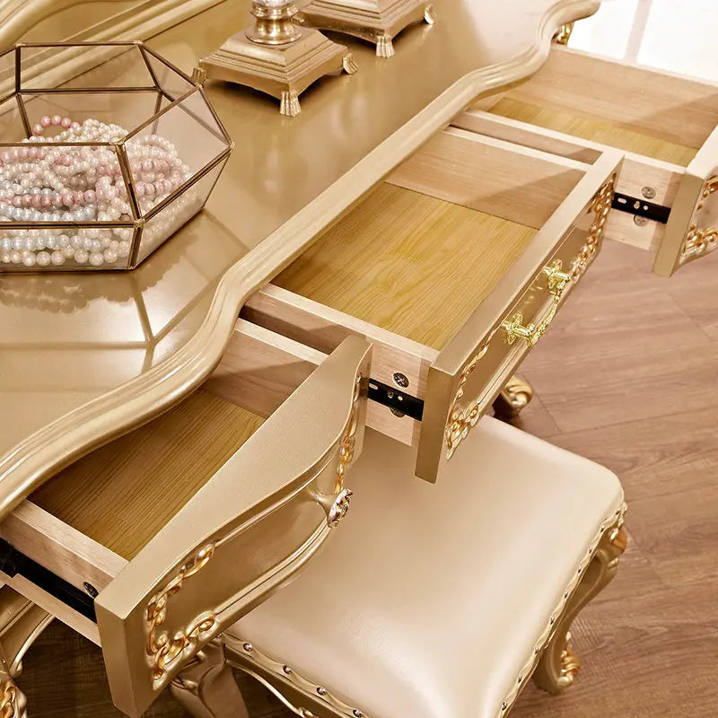 Gold Oak Makeup Vanity Desk with Mirror & Stool | Luxury European Dressing Table | 3 Drawers