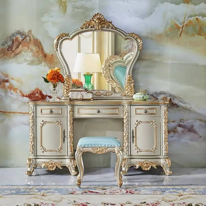 Italian Oak Makeup Vanity Desk with Mirror & Stool | 3-Drawer Dressing Table