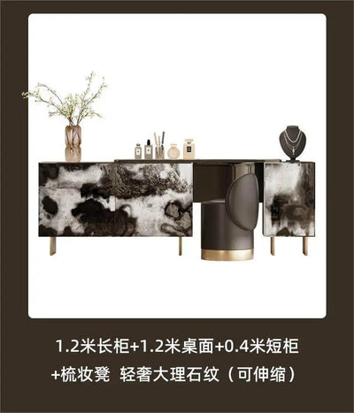 Glossy Black Marble Makeup Vanity Desk with Mirror & Stool | 4 Drawers