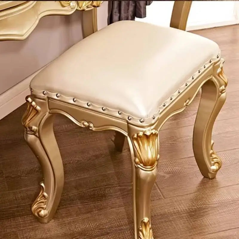 Gold Oak Makeup Vanity Desk with Mirror & Stool | Luxury European Dressing Table | 3 Drawers