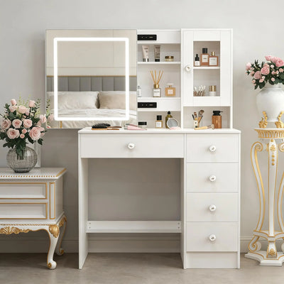 Teousev Modern Dressing Table Makeup Vanity Desk Large LED Sliding Mirror 5 Drawers Dimmable Storage Organizer Bedroom Furniture