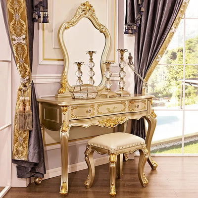 Gold Oak Makeup Vanity Desk with Mirror & Stool | Luxury European Dressing Table | 3 Drawers