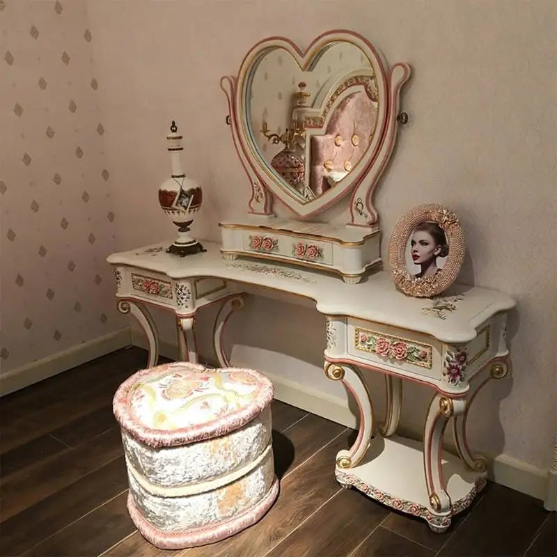 Pink Birch Wood Makeup Vanity Desk with Mirror & Stool | 3 Drawers