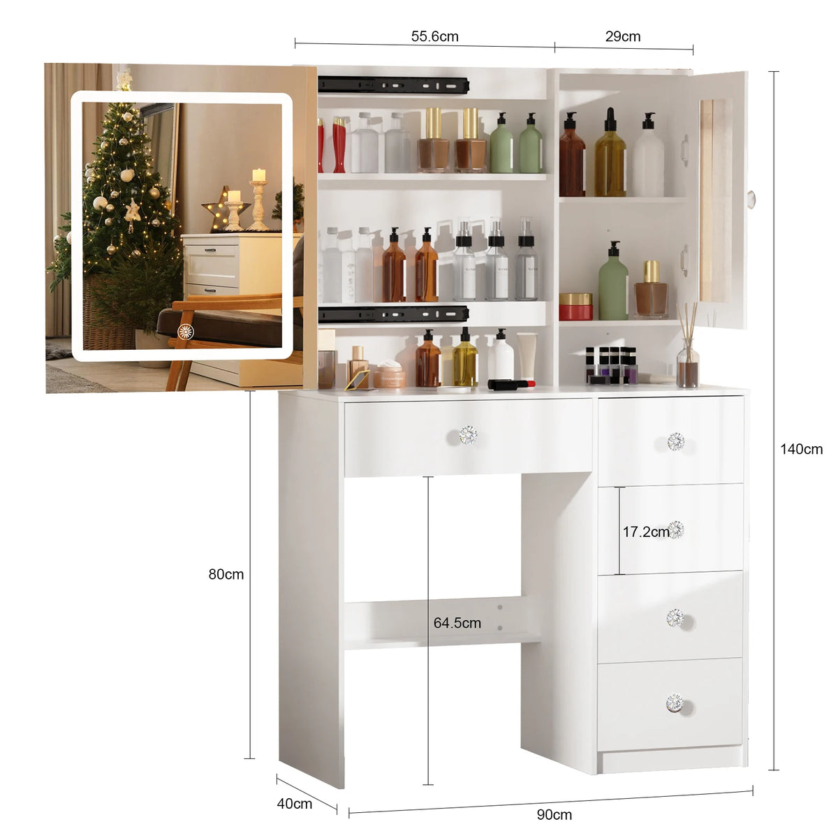 Teousev Modern Dressing Table Makeup Vanity Desk Large LED Sliding Mirror 5 Drawers Dimmable Storage Organizer Bedroom Furniture