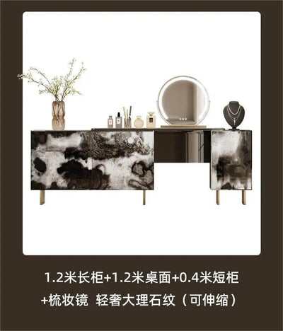 Glossy Black Marble Makeup Vanity Desk with Mirror & Stool | 4 Drawers
