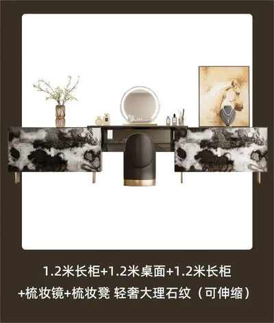 Glossy Black Marble Makeup Vanity Desk with Mirror & Stool | 4 Drawers