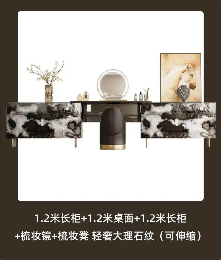Glossy Black Marble Makeup Vanity Desk with Mirror & Stool | 4 Drawers