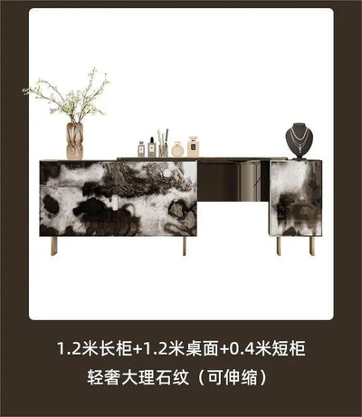 Glossy Black Marble Makeup Vanity Desk with Mirror & Stool | 4 Drawers