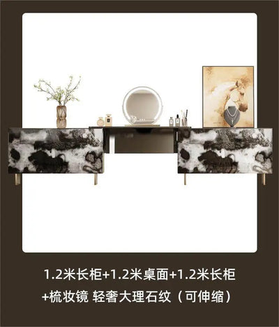 Glossy Black Marble Makeup Vanity Desk with Mirror & Stool | 4 Drawers