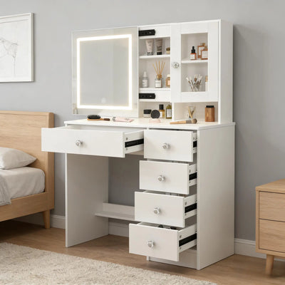 Teousev Modern Dressing Table Makeup Vanity Desk Large LED Sliding Mirror 5 Drawers Dimmable Storage Organizer Bedroom Furniture