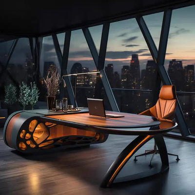 Executive Black Walnut Office Desk | Curved Arc Design | 3200mm