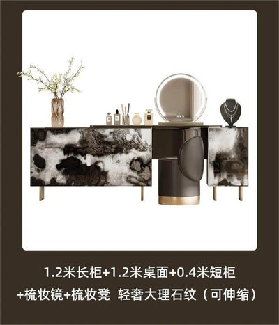 Glossy Black Marble Makeup Vanity Desk with Mirror & Stool | 4 Drawers