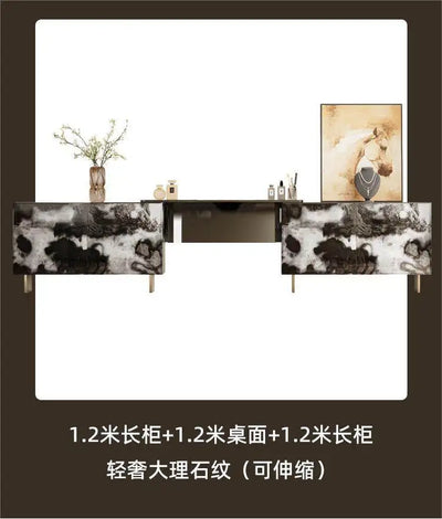 Glossy Black Marble Makeup Vanity Desk with Mirror & Stool | 4 Drawers