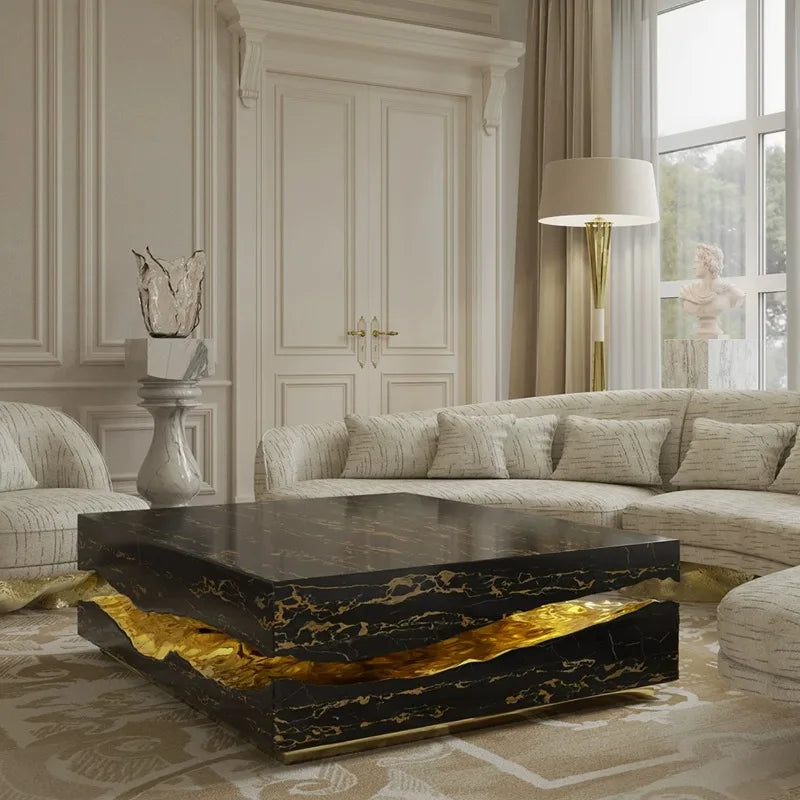 Black Marble Square Coffee Table | Luxury Living Room Furniture | European Design