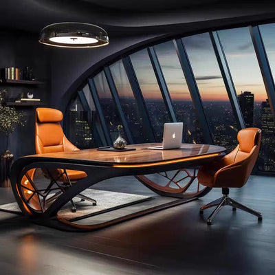 Executive Black Walnut Office Desk | Curved Arc Design | 3200mm
