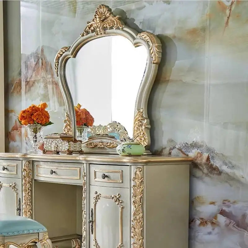 Italian Oak Makeup Vanity Desk with Mirror & Stool | 3-Drawer Dressing Table