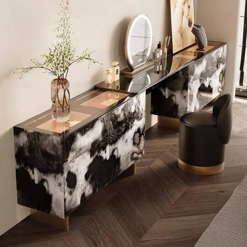 Glossy Black Marble Makeup Vanity Desk with Mirror & Stool | 4 Drawers