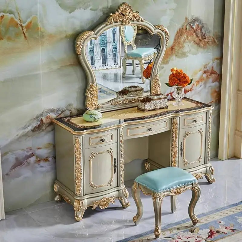 Italian Oak Makeup Vanity Desk with Mirror & Stool | 3-Drawer Dressing Table