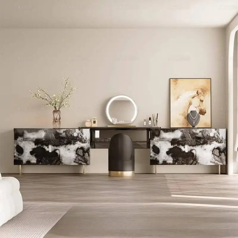 Glossy Black Marble Makeup Vanity Desk with Mirror & Stool | 4 Drawers