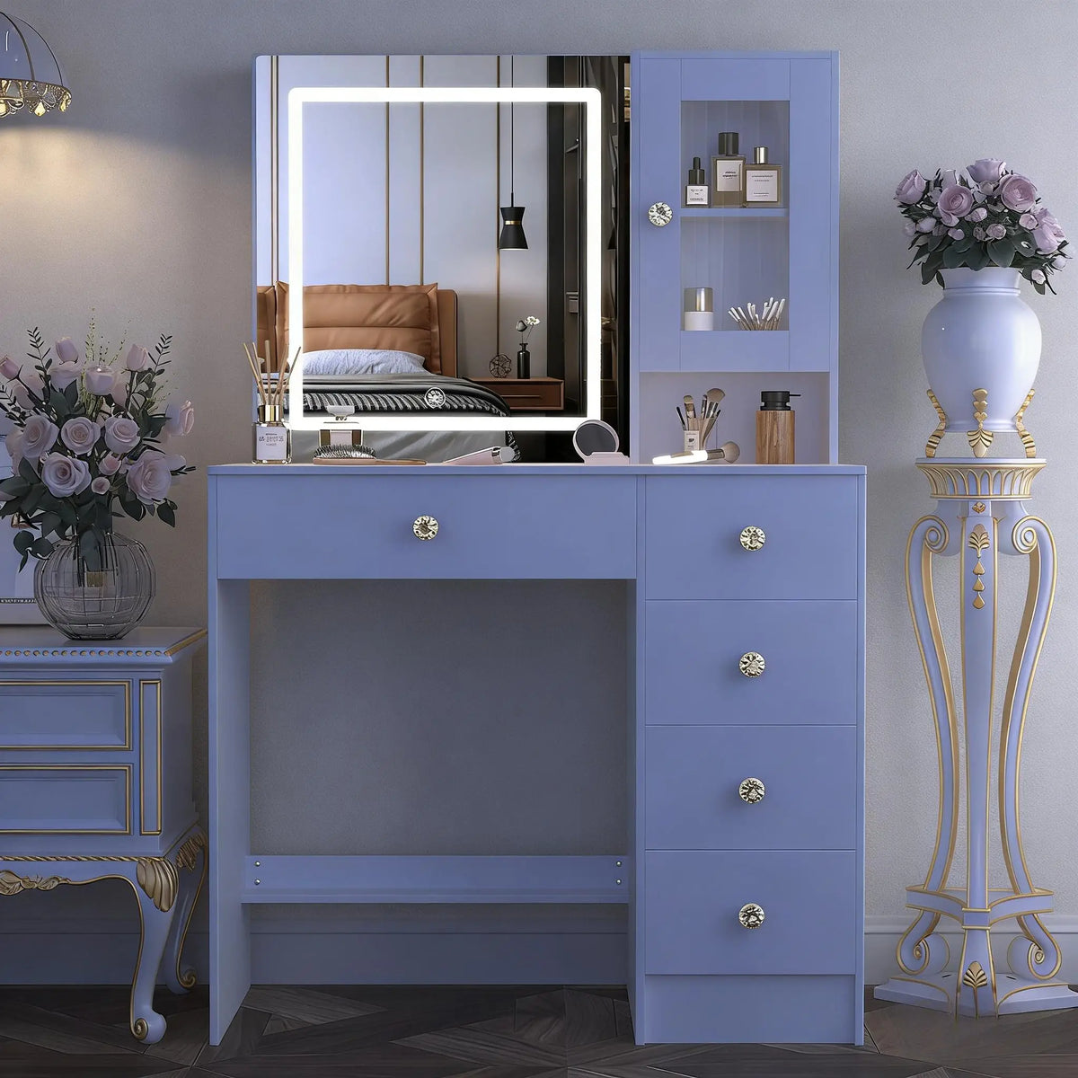 Teousev Modern Dressing Table Makeup Vanity Desk Large LED Sliding Mirror 5 Drawers Dimmable Storage Organizer Bedroom Furniture