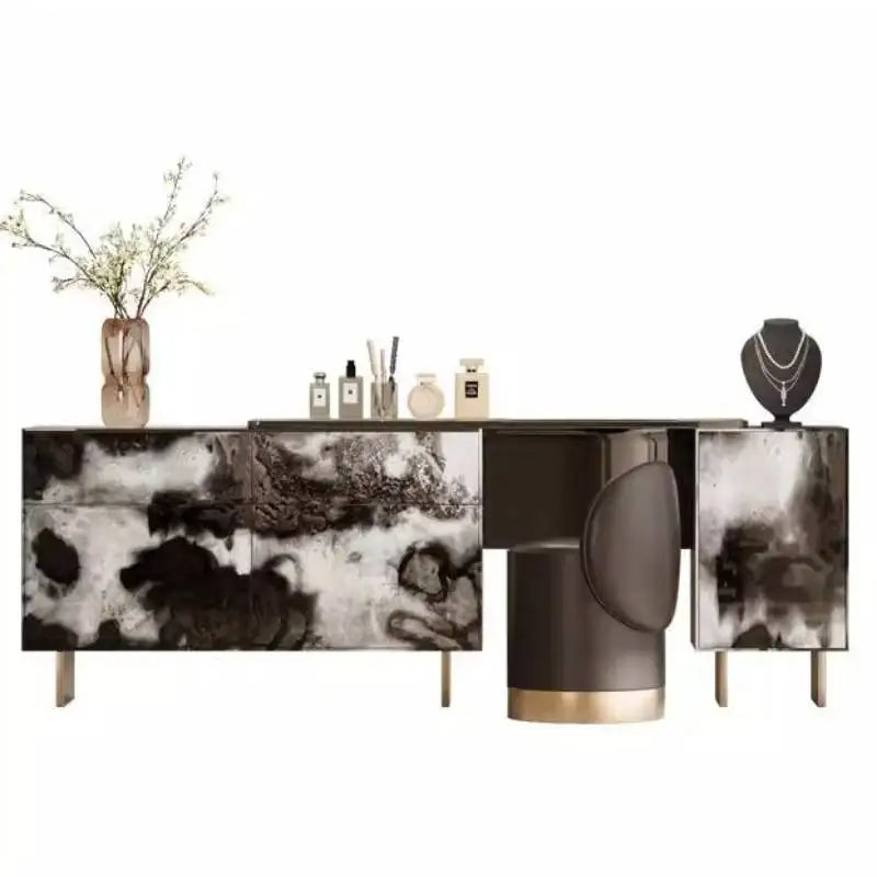 Glossy Black Marble Makeup Vanity Desk with Mirror & Stool | 4 Drawers