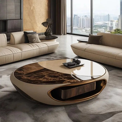 Oval Brown Solid Wood Coffee Table | Minimalist Living Room Furniture