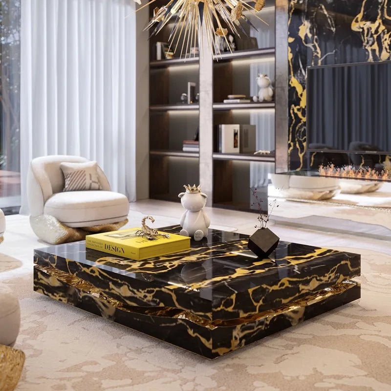 Black Marble Square Coffee Table | Luxury Living Room Furniture | European Design
