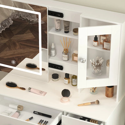 Teousev Modern Dressing Table Makeup Vanity Desk Large LED Sliding Mirror 5 Drawers Dimmable Storage Organizer Bedroom Furniture