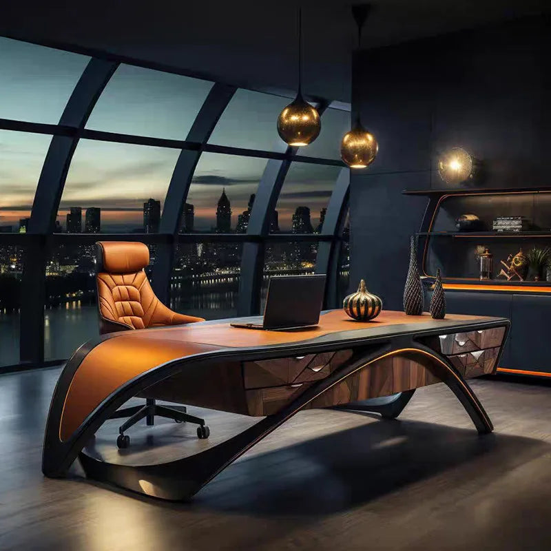 Executive Black Walnut Office Desk | Curved Arc Design | 3200mm