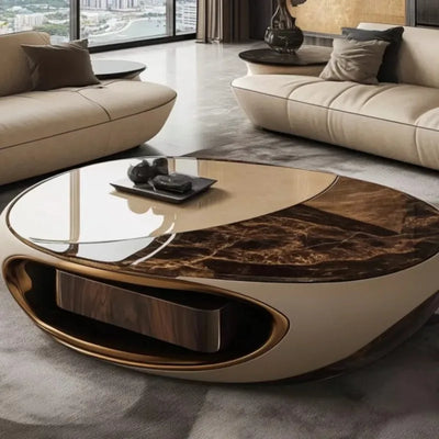 Oval Brown Solid Wood Coffee Table | Minimalist Living Room Furniture