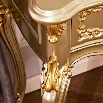 Gold Oak Makeup Vanity Desk with Mirror & Stool | Luxury European Dressing Table | 3 Drawers