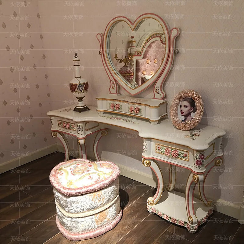 Pink Birch Wood Makeup Vanity Desk with Mirror & Stool | 3 Drawers