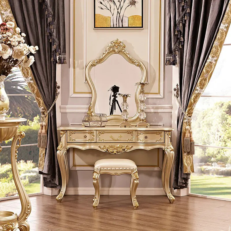 Gold Oak Makeup Vanity Desk with Mirror & Stool | Luxury European Dressing Table | 3 Drawers
